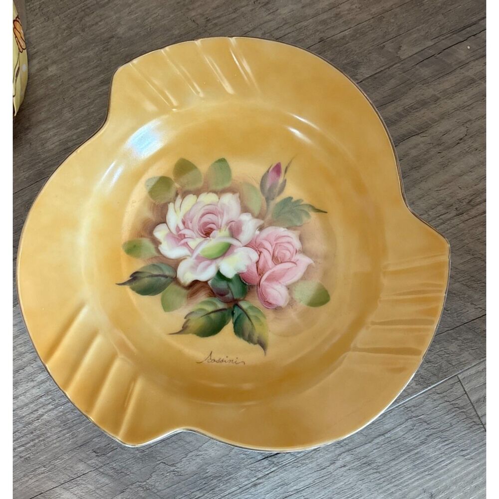 Vintage Hand Painted Floral Gold Trim Porcelain Candy Dish/Bowl Signed Rossini